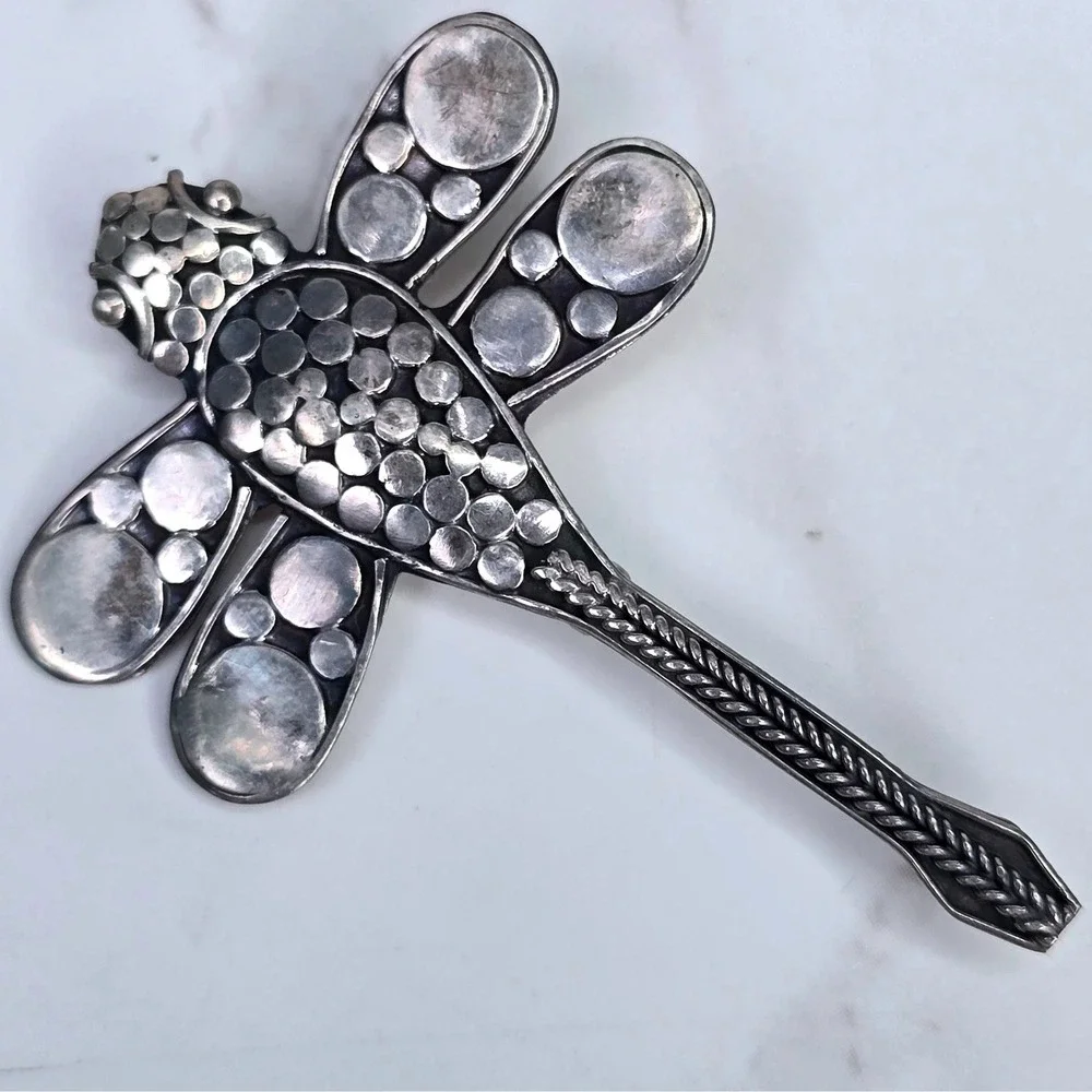 Vintage 925 Sterling Silver Dragonfly Brooch Pin Applied Dot Artisan Insect 7.1g